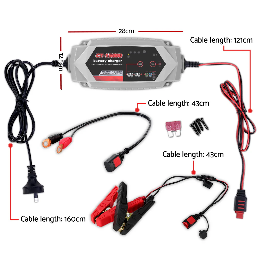 12V Automotive Car Battery Charger 24V 15Amp Smart Vehicle Truck Chargers AGM - Nurns