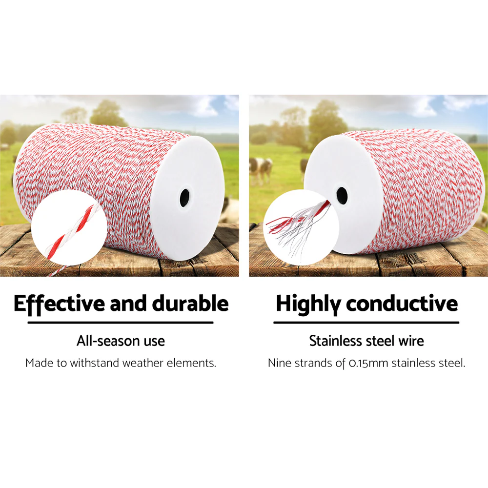 2000M Polywire Roll Electric Fence Energiser Stainless Steel Poly Wire - Nurns