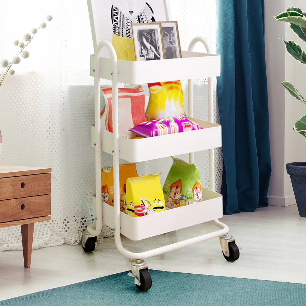 3 Tiers Kitchen Trolley Cart Steel Storage Rack Shelf Organiser Wheels White - Nurns