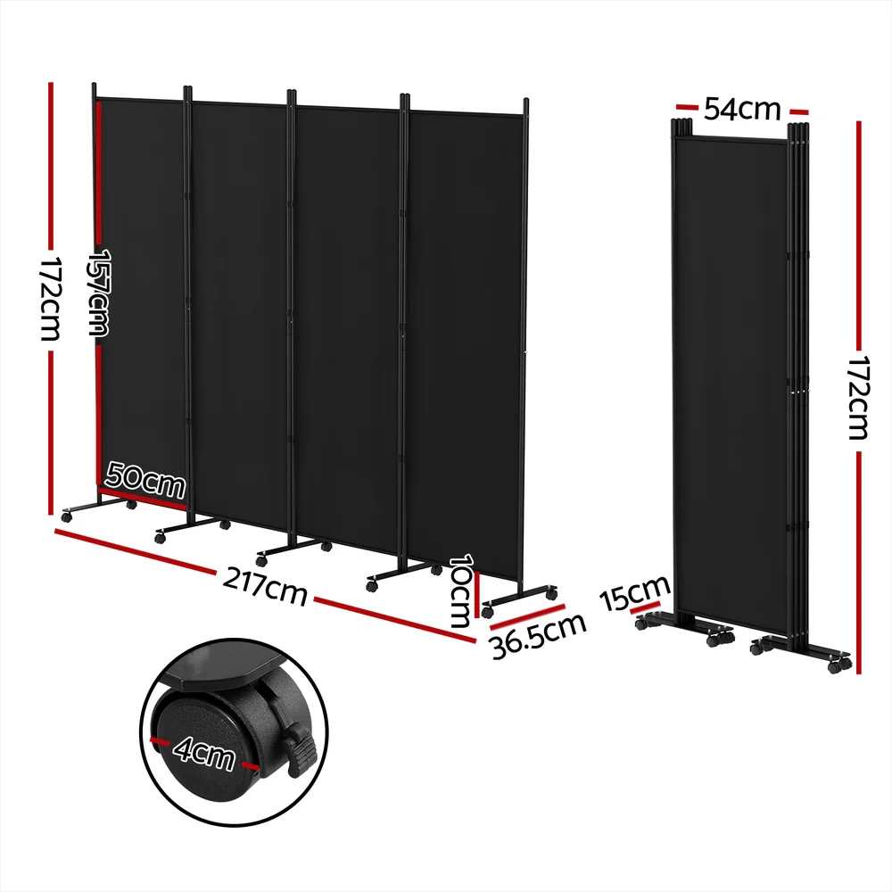 4 Panel Room Divider Screen 217cm Wheel Fabric - Black - Nurns