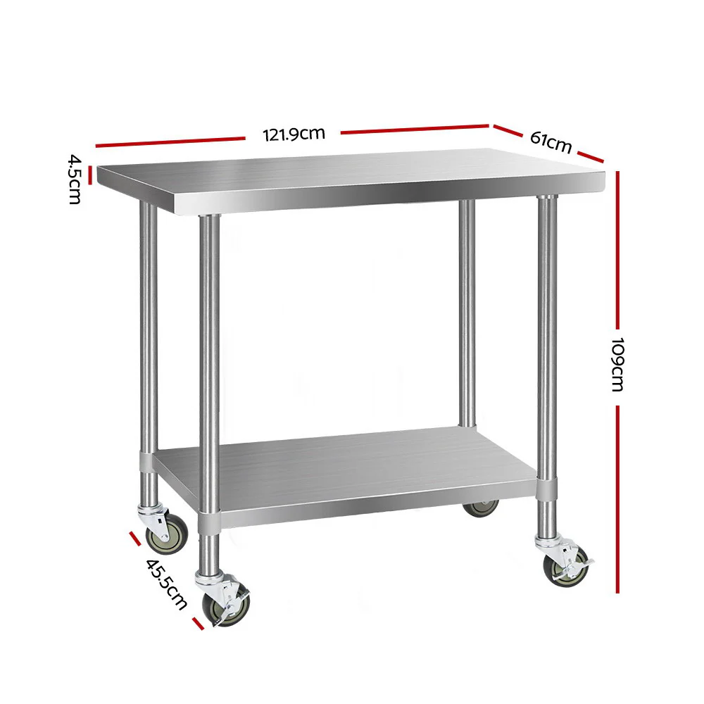 430 Stainless Steel Kitchen Benches Work Bench Food Prep Table with Wheels 1219Mmx610MM - Nurns
