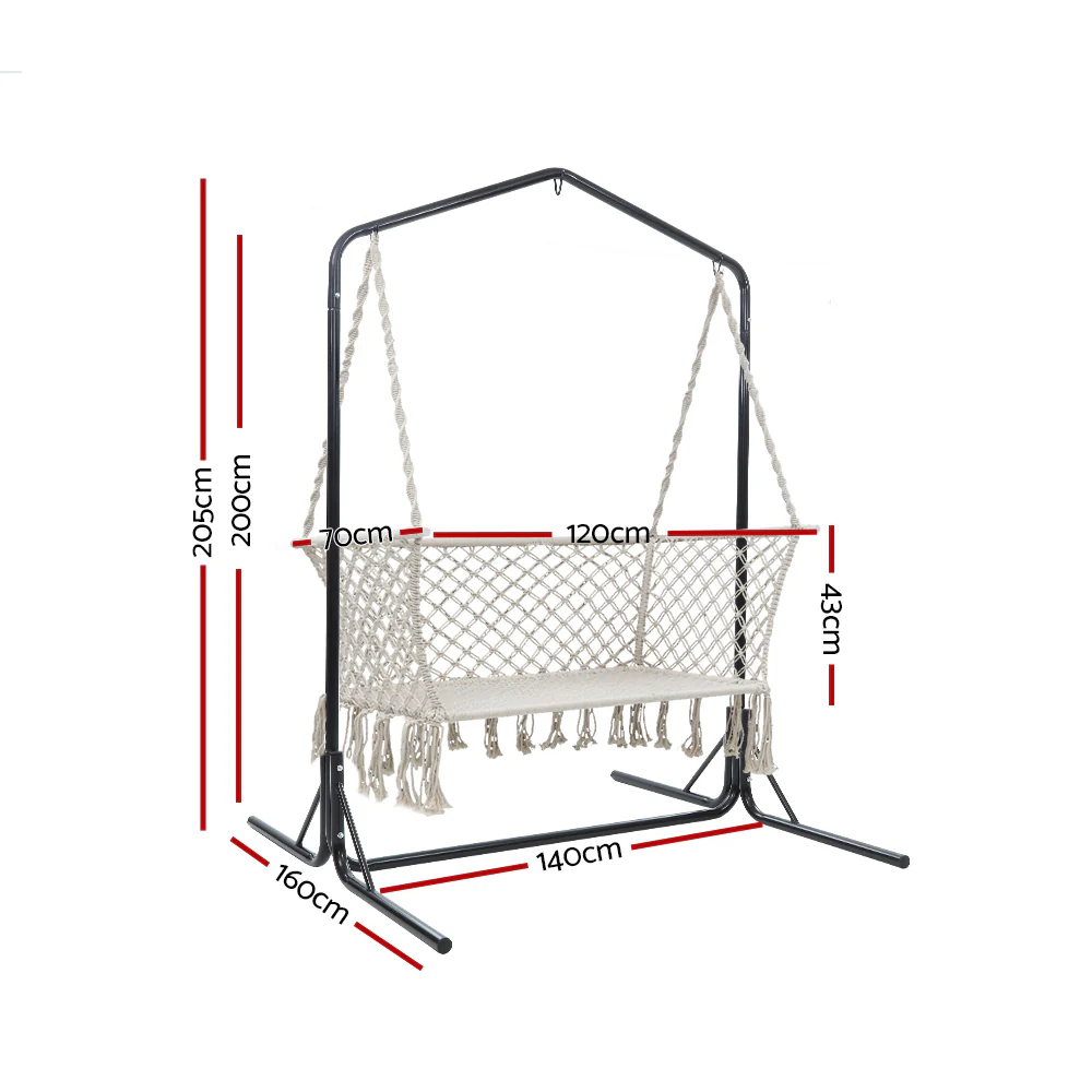 2-Seater Hammock Chair with Stand Macrame Outdoor Garden - Cream - Nurns