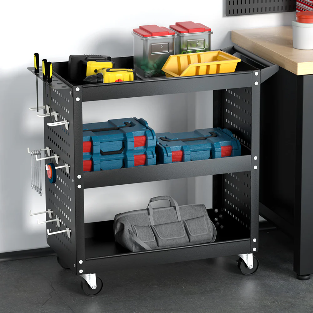 3-Tier Tool Cart Storage Trolley Workshop Garage Pegboard Hooks Black - Nurns