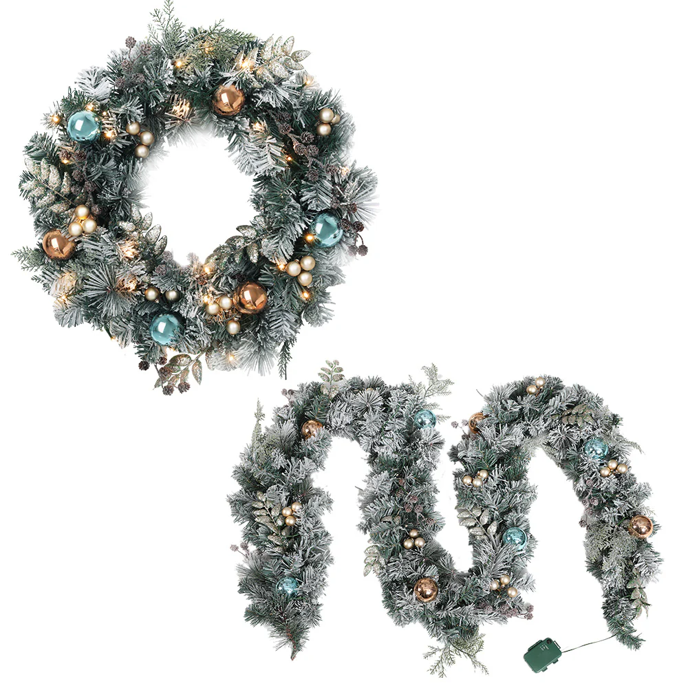 2.7m Christmas Garland with Wreath Set LED Lights Snowy Xmas Decor - Nurns