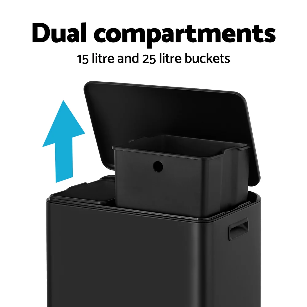 40L Pedal Bins Rubbish Bin Dual Compartment Waste Recycle Dustbins - Black - Nurns