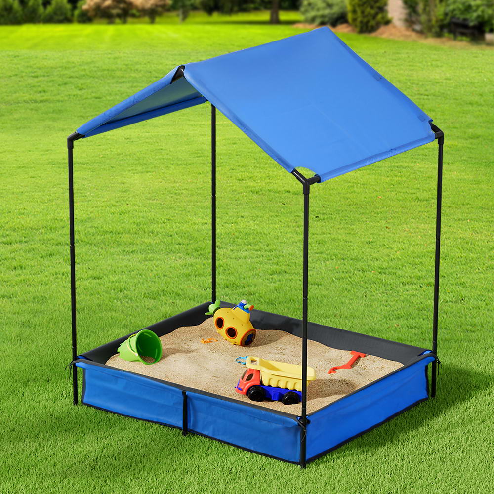 120cm Kids Sandpit Metal Sandbox Sand Pit with Canopy Cover Outdoor Toys - Nurns