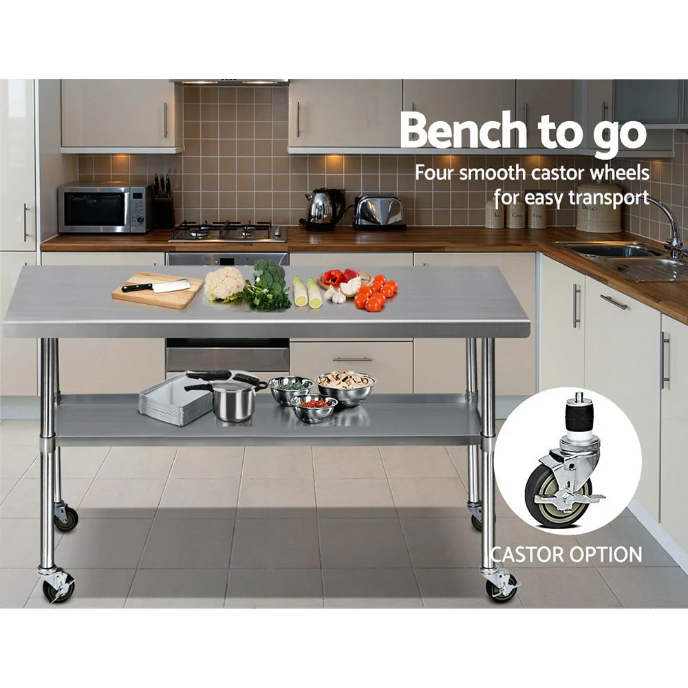 1829x762mm Commercial Stainless Steel Kitchen Bench with 4pcs Castor Wheels - Nurns