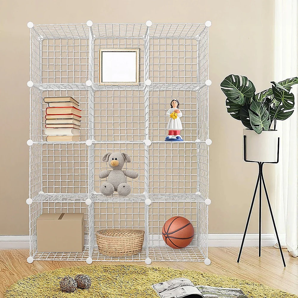 12 Cube Wire Grid Organiser Bookcase Storage Cabinet Wardrobe Closet White - Nurns