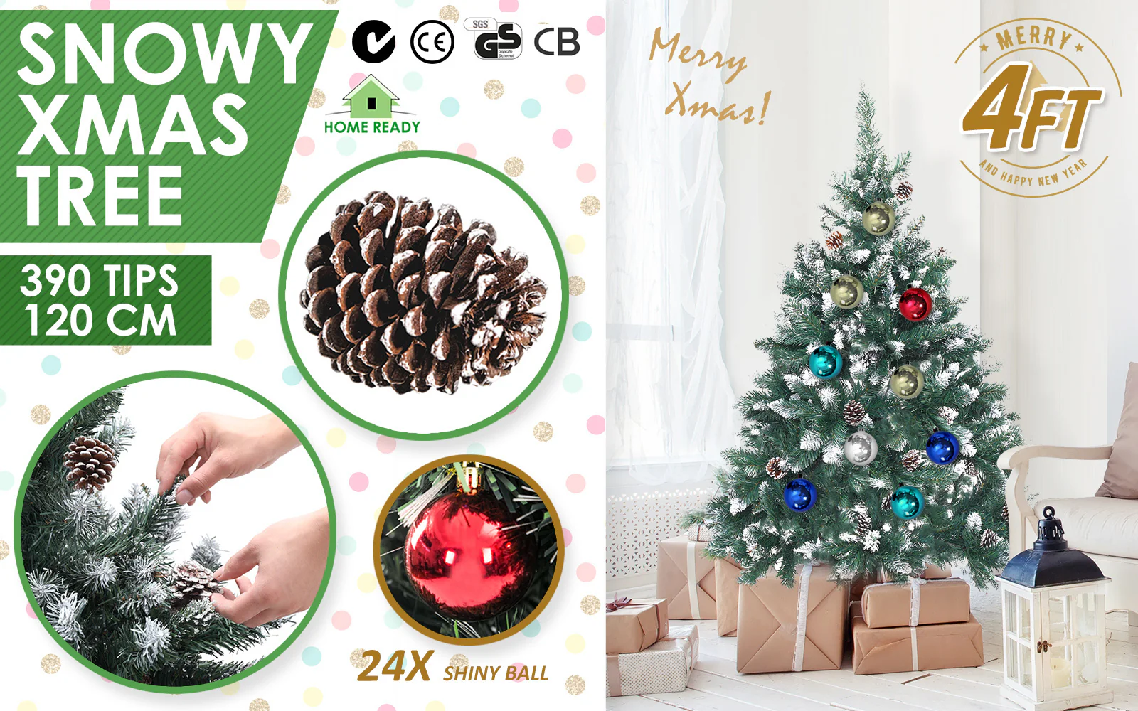 4ft 1.2m 390 Tips Snowy Christmas Tree Xmas Pine Cones + Bauble Balls Green - Nurns