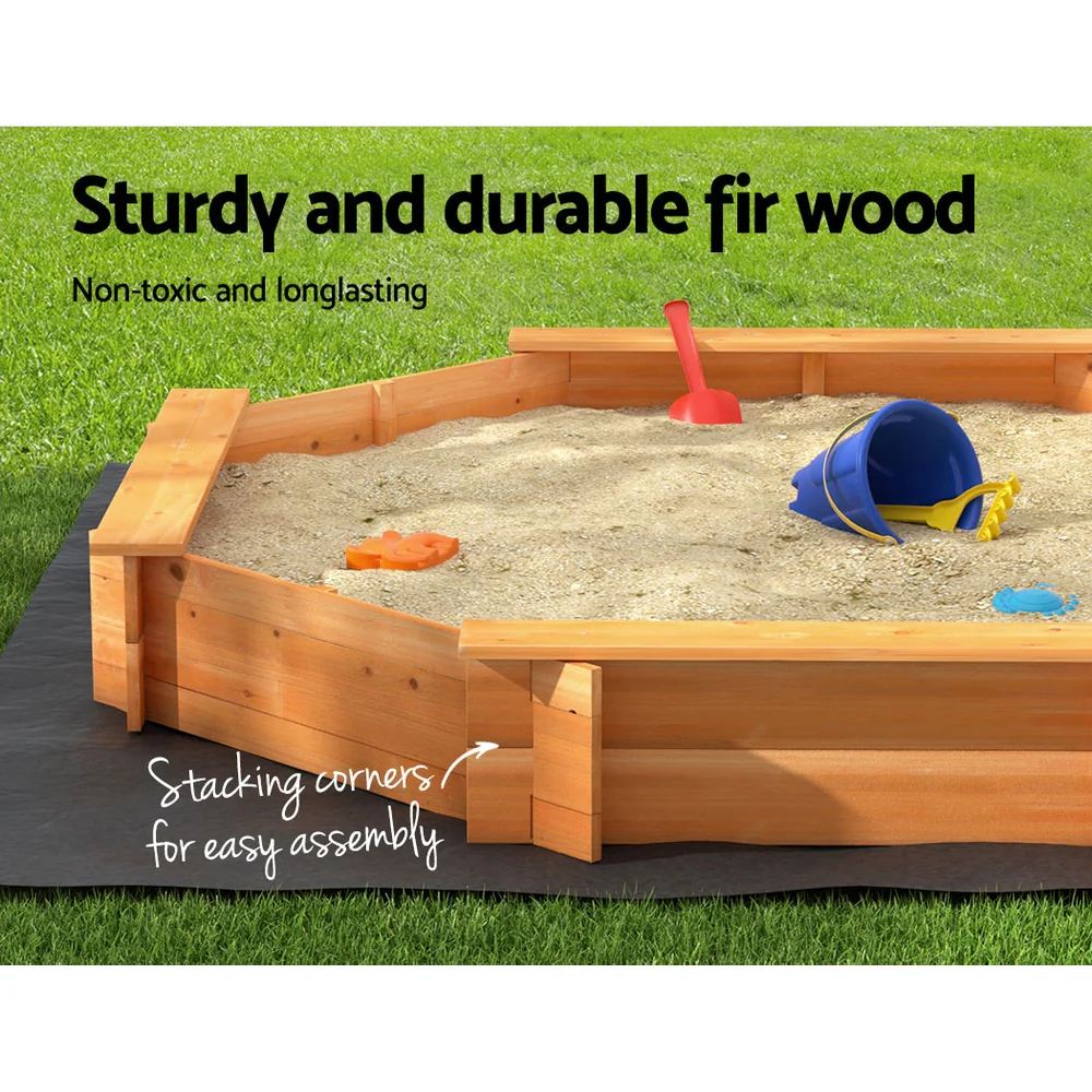 182cm Kids Sandpit Wooden Round Sand Pit with Cover Bench Seat Beach Toys - Nurns