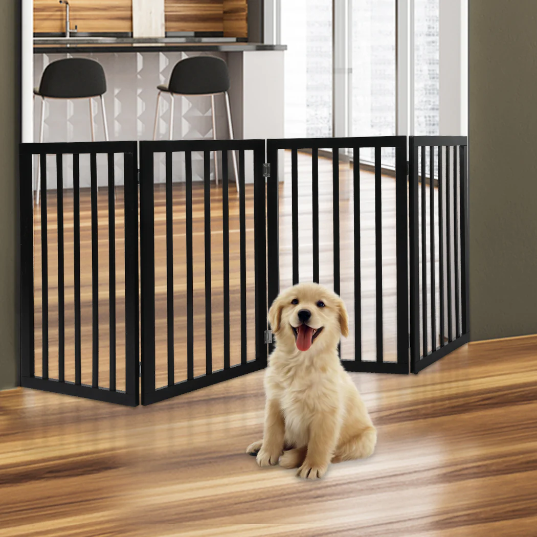 4 Panels Wooden Pet Gate Dog Fence Safety Stair Barrier Security Door Black - Nurns