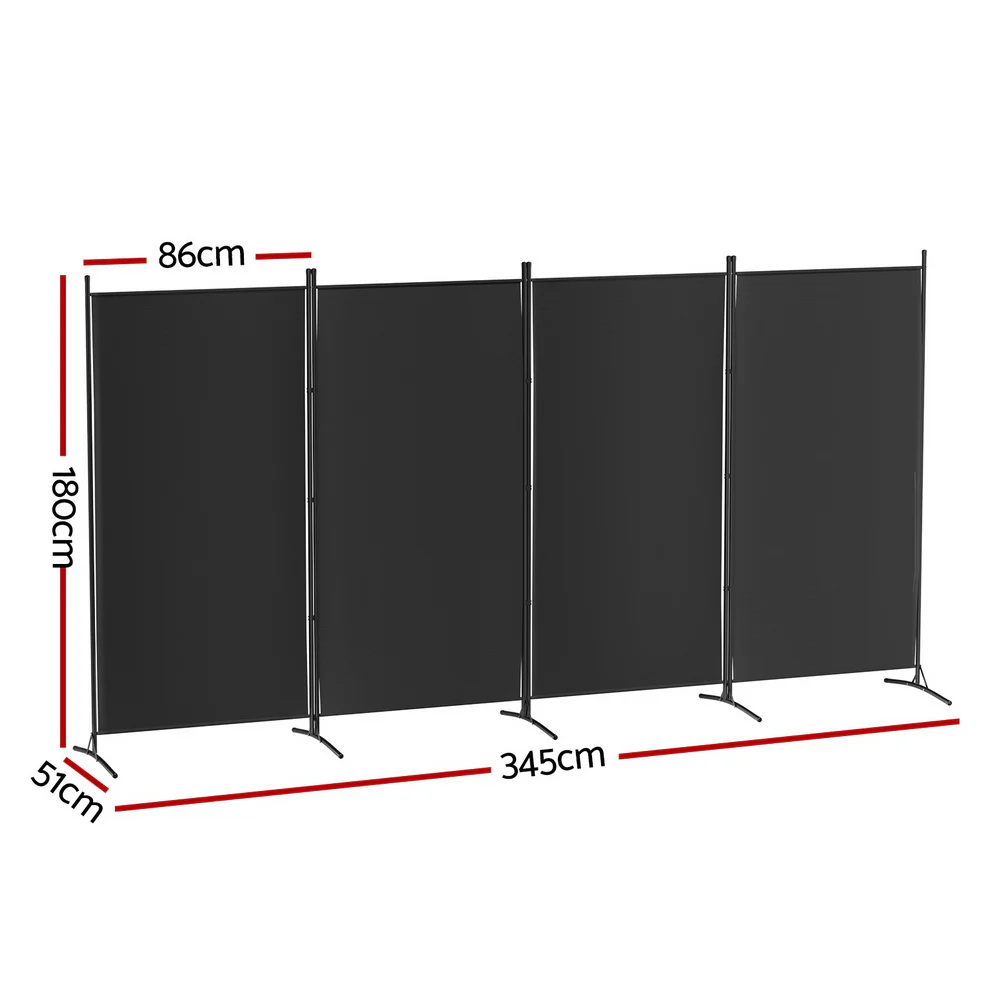 4 Panel Room Divider Screen 345x180cm Fabric - Black - Nurns