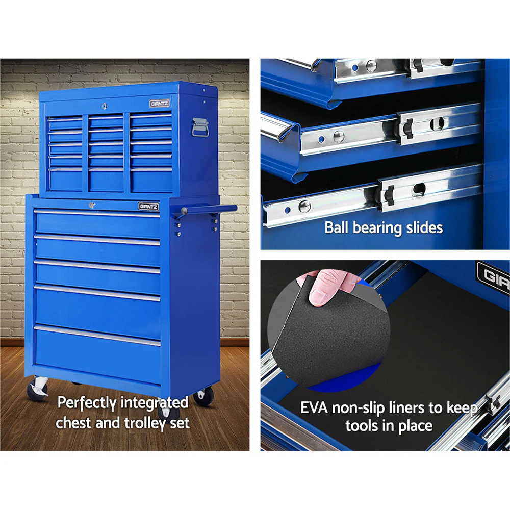 14 Drawers Toolbox Chest Cabinet Mechanic Trolley Garage Tool Storage Box - Blue - Nurns