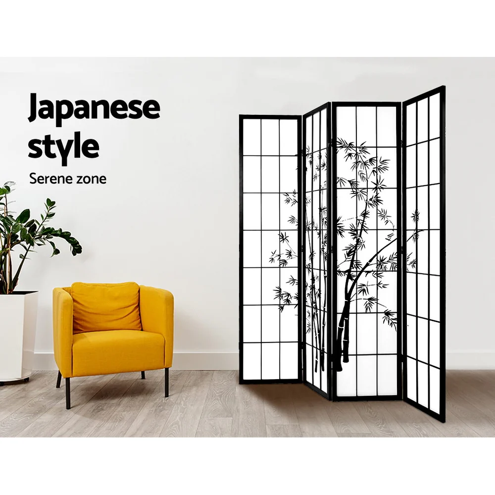 4 Panel Room Divider Screen 174x179cm Bamboo - Black & White - Nurns