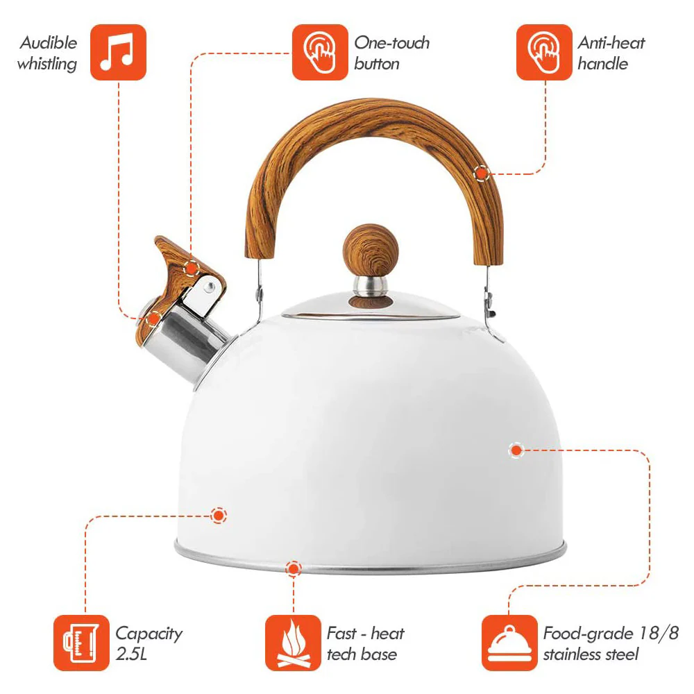 2.5 Liter Tea Whistling Kettle Stainless Steel Modern Whistling Tea Pot for Stovetop White - Nurns