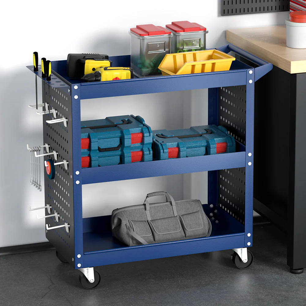 3-Tier Tool Cart Storage Trolley Workshop Garage Pegboard Hooks Blue - Nurns