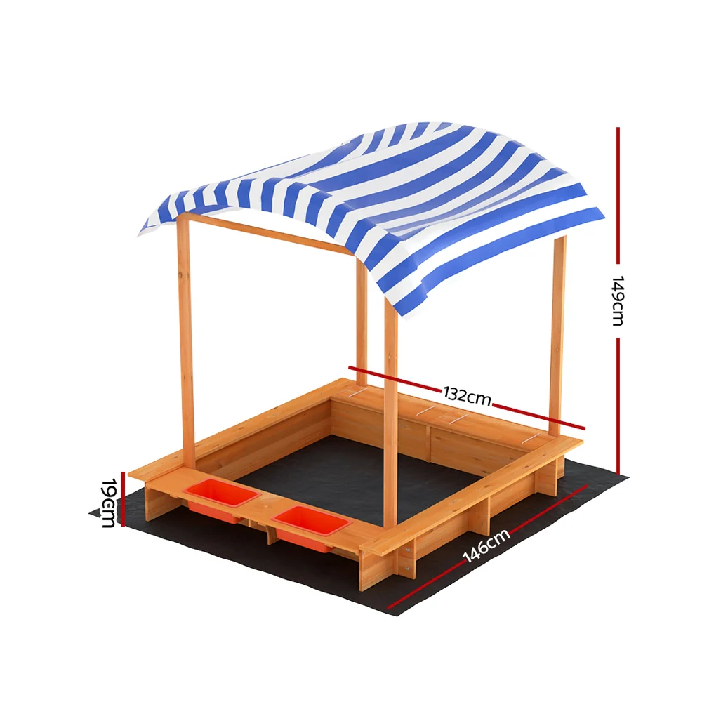 146cm Kids Sandpit Wooden Sandbox Sand Pit with Canopy Water Basin Toys - Nurns