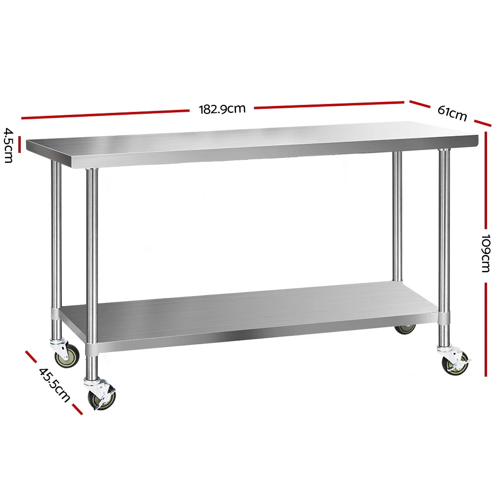 304 Stainless Steel Kitchen Benches Work Bench Food Prep Table with Wheels 1829Mmx610MM - Nurns
