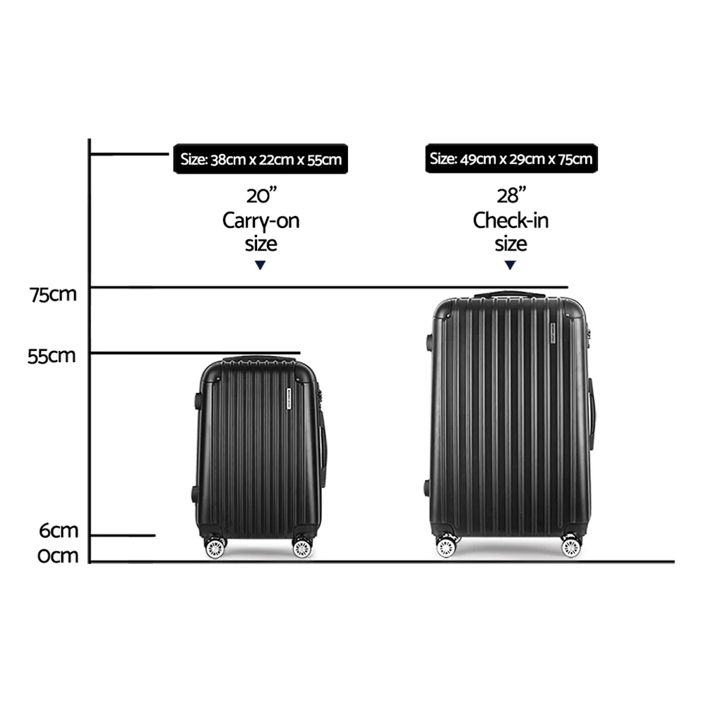 20in 28in Luggage Set of 2 with Zipper Lock Carry On Hard Shell Travel Suitcase Luggage Case - Black - Nurns