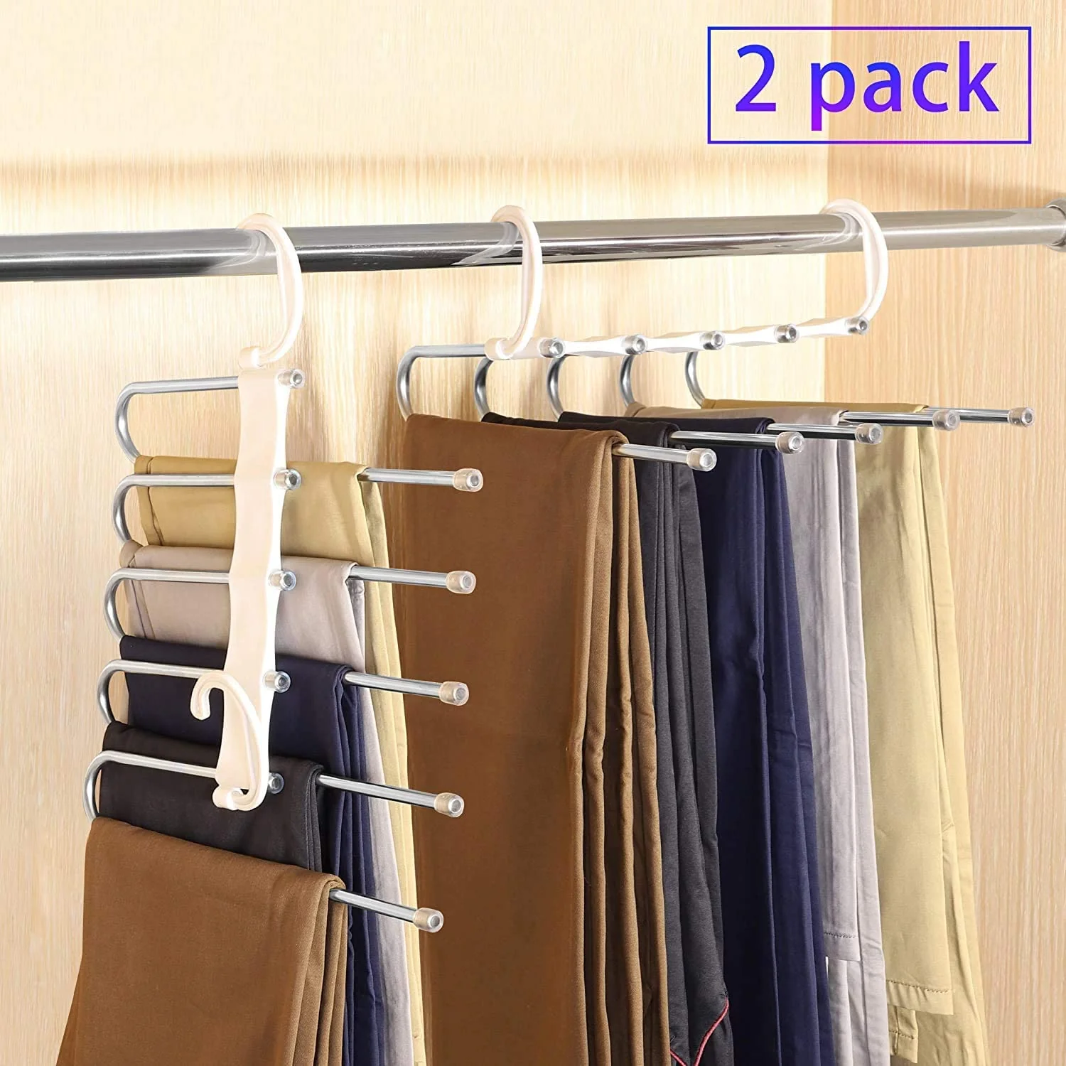 2 Pack Adjustable Multi-Layer 5 in 1 Pants Hanger for Wardrobe and Home Storage - White - Nurns