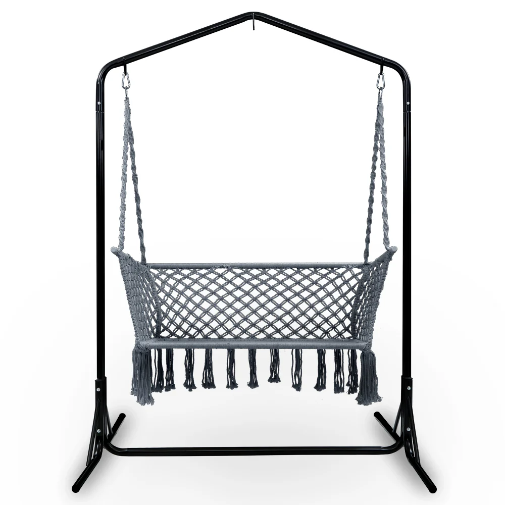 2-Seater Hammock Chair with Stand Macrame Outdoor Garden - Grey - Nurns