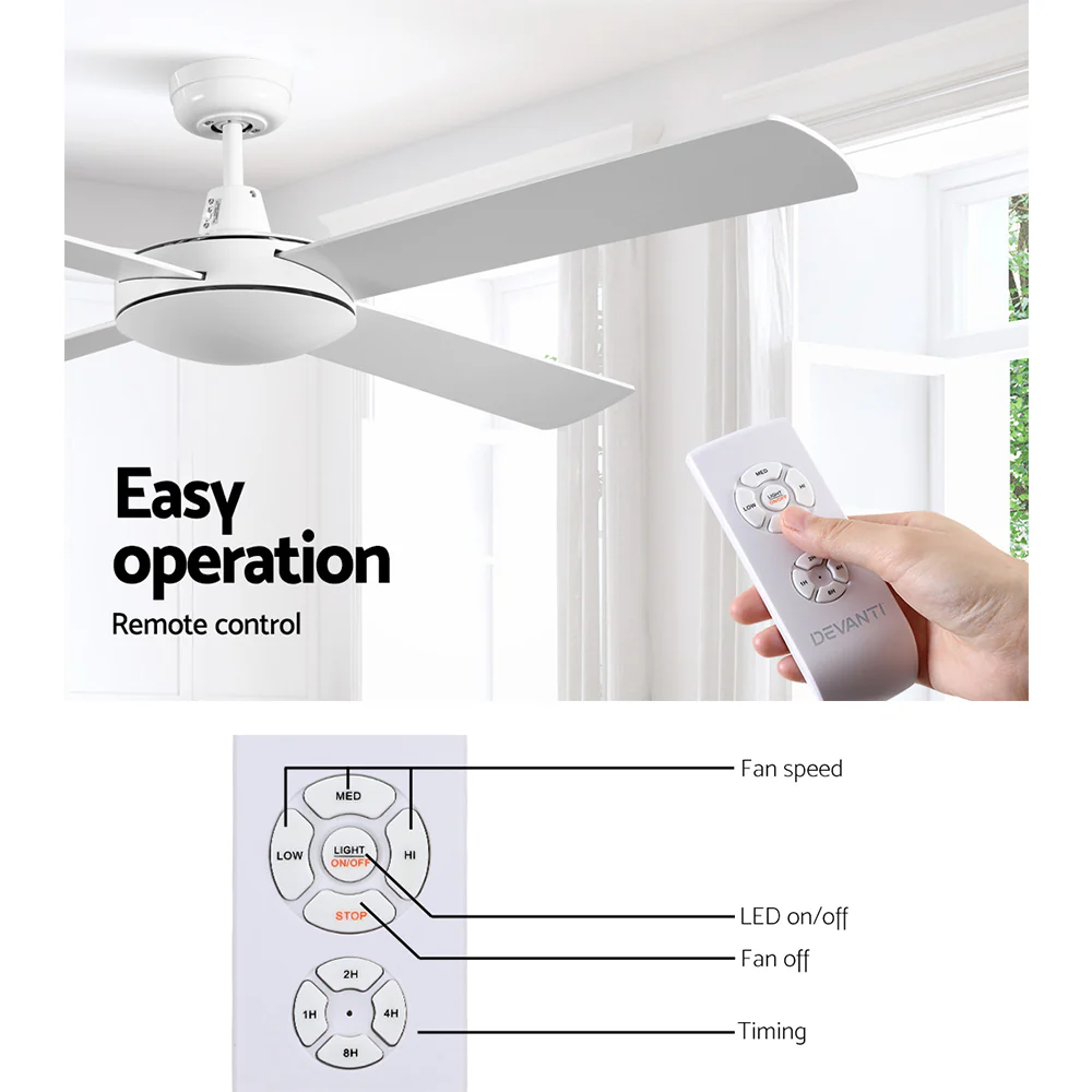 52'' Ceiling Fan AC Motor 4 Blades with Remote - White - Nurns