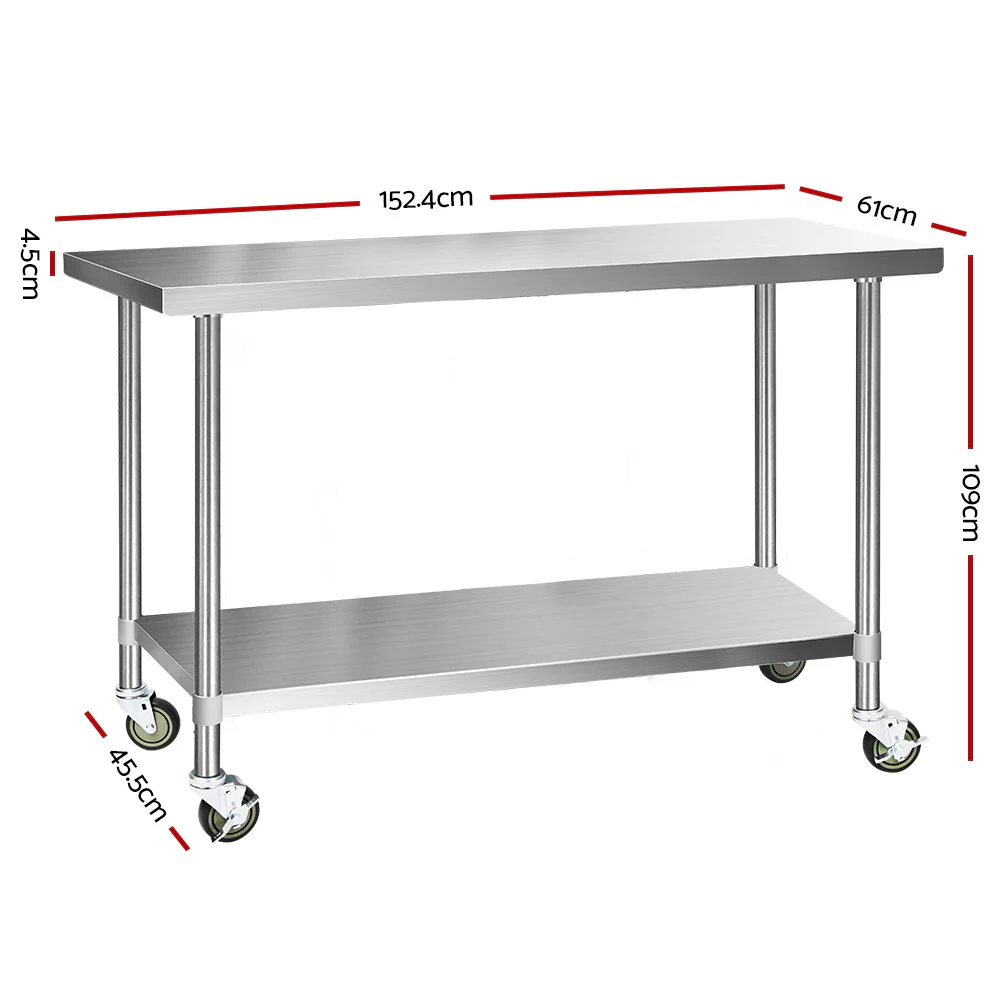 304 Stainless Steel Kitchen Benches Work Bench Food Prep Table with Wheels 1524Mmx610MM - Nurns