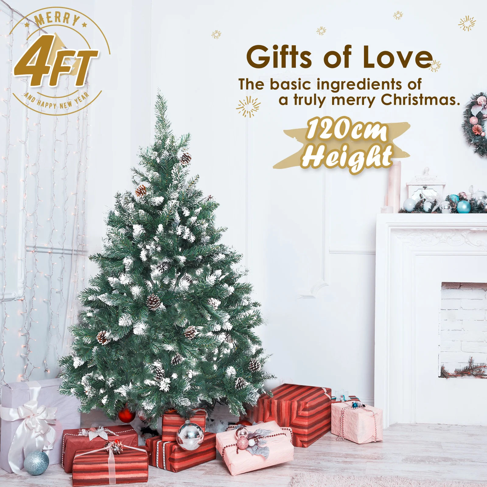 4ft 1.2m 390 Tips Snowy Christmas Tree Xmas Pine Cones Green - Nurns