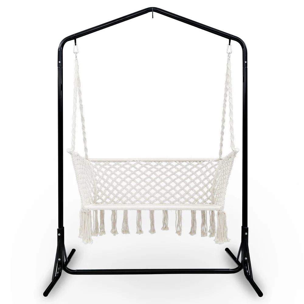 2-Seater Hammock Chair with Stand Macrame Outdoor Garden - Cream - Nurns