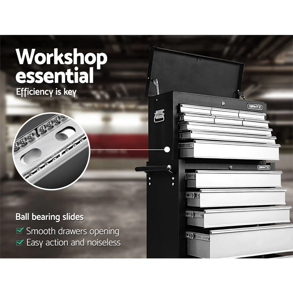 14 Drawers Toolbox Chest Cabinet Mechanic Trolley Garage Tool Storage Box - Black & Silver - Nurns