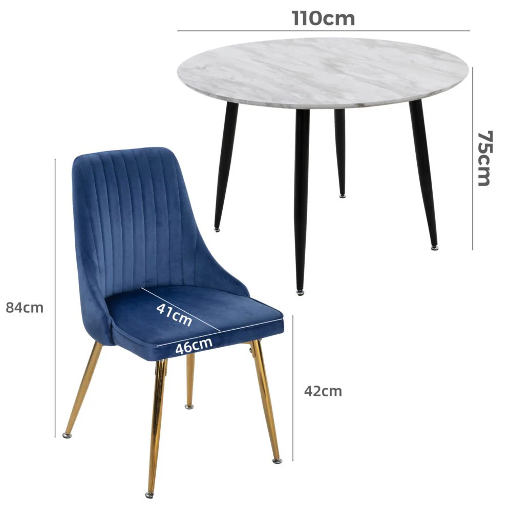 5-Piece Ermes Blue Dining Table & Chair Set Velvet Bistro - Nurns