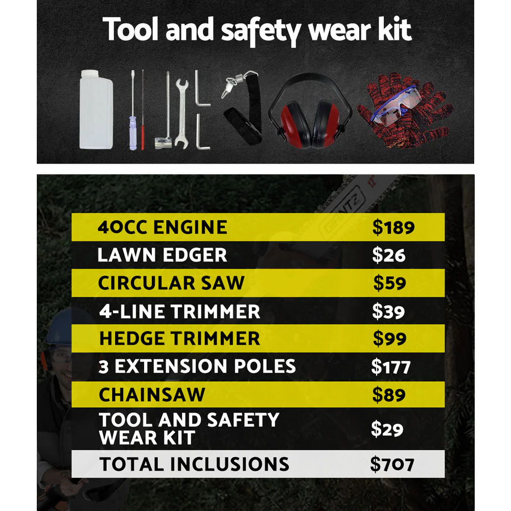 40CC Pole Chainsaw Hedge Trimmer Brush Cutter Whipper Saw 4-Stroke 7-in-1 - Nurns