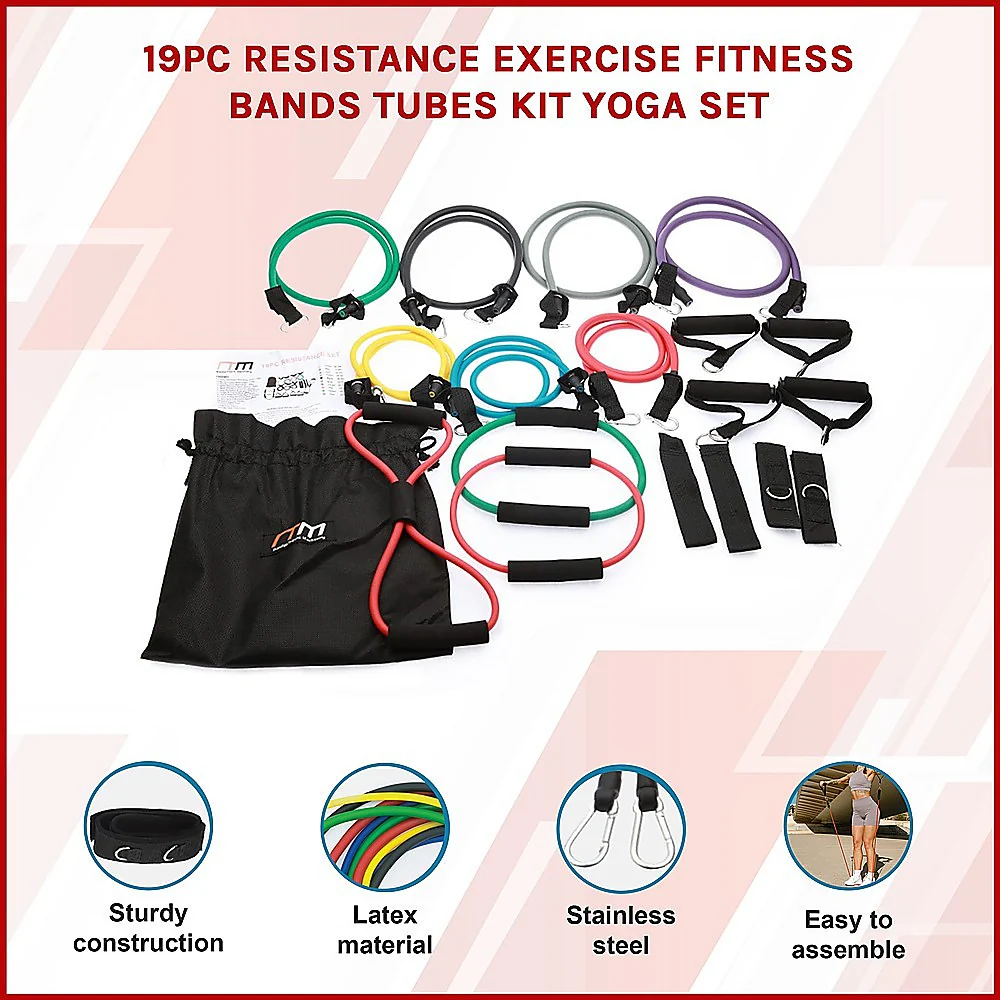 19PC Resistance Exercise Fitness Bands Tubes Kit Yoga Set - Nurns