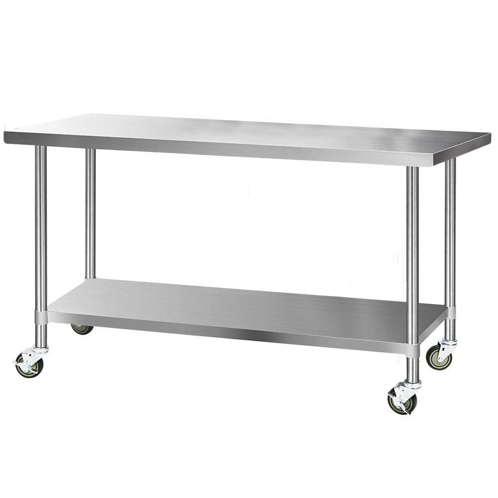 1829x762mm Commercial Stainless Steel Kitchen Bench with 4pcs Castor Wheels - Nurns