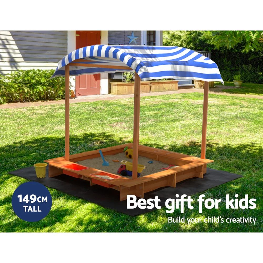 146cm Kids Sandpit Wooden Sandbox Sand Pit with Canopy Water Basin Toys - Nurns