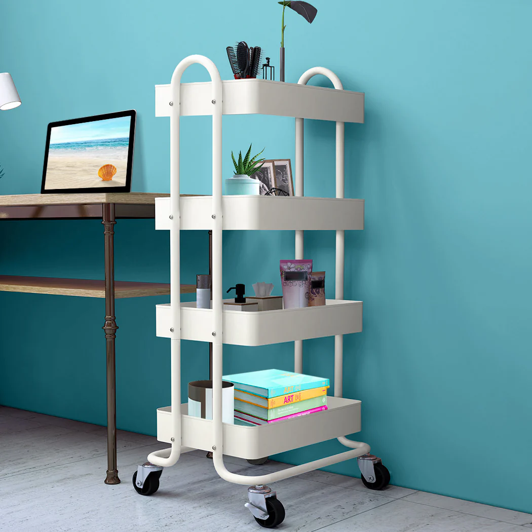 4 Tiers Kitchen Trolley Cart Steel Storage Rack Shelf Organiser White - Nurns
