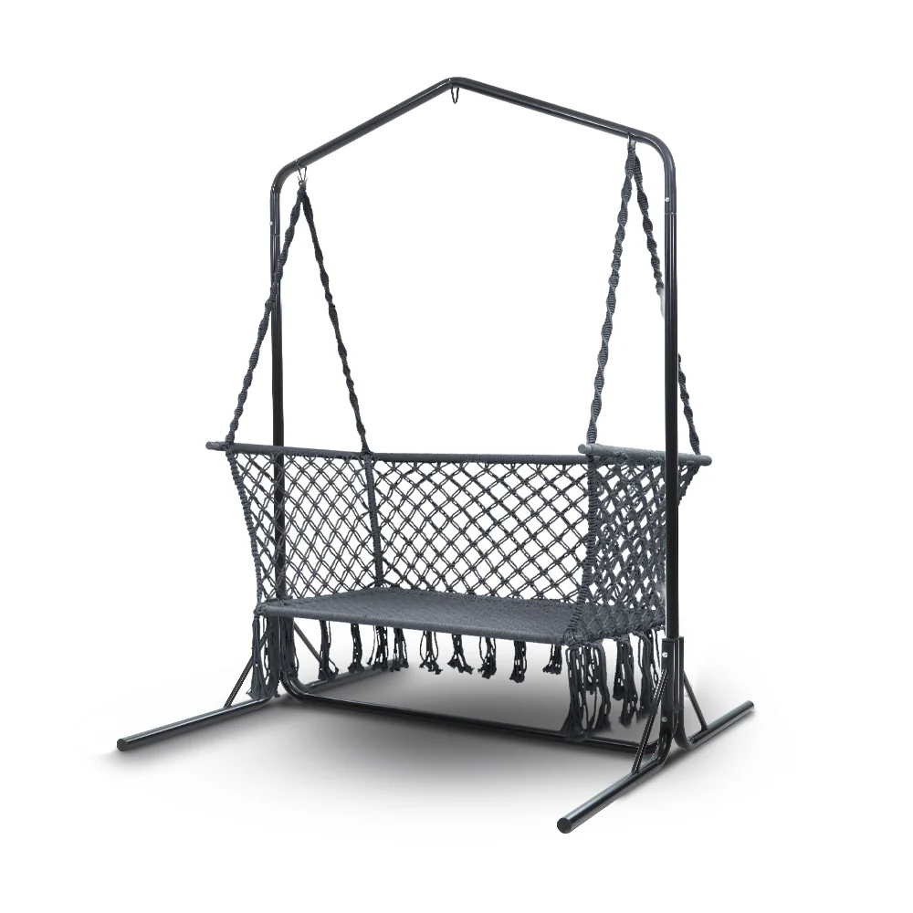 2-Seater Hammock Chair with Stand Macrame Outdoor Garden - Grey - Nurns