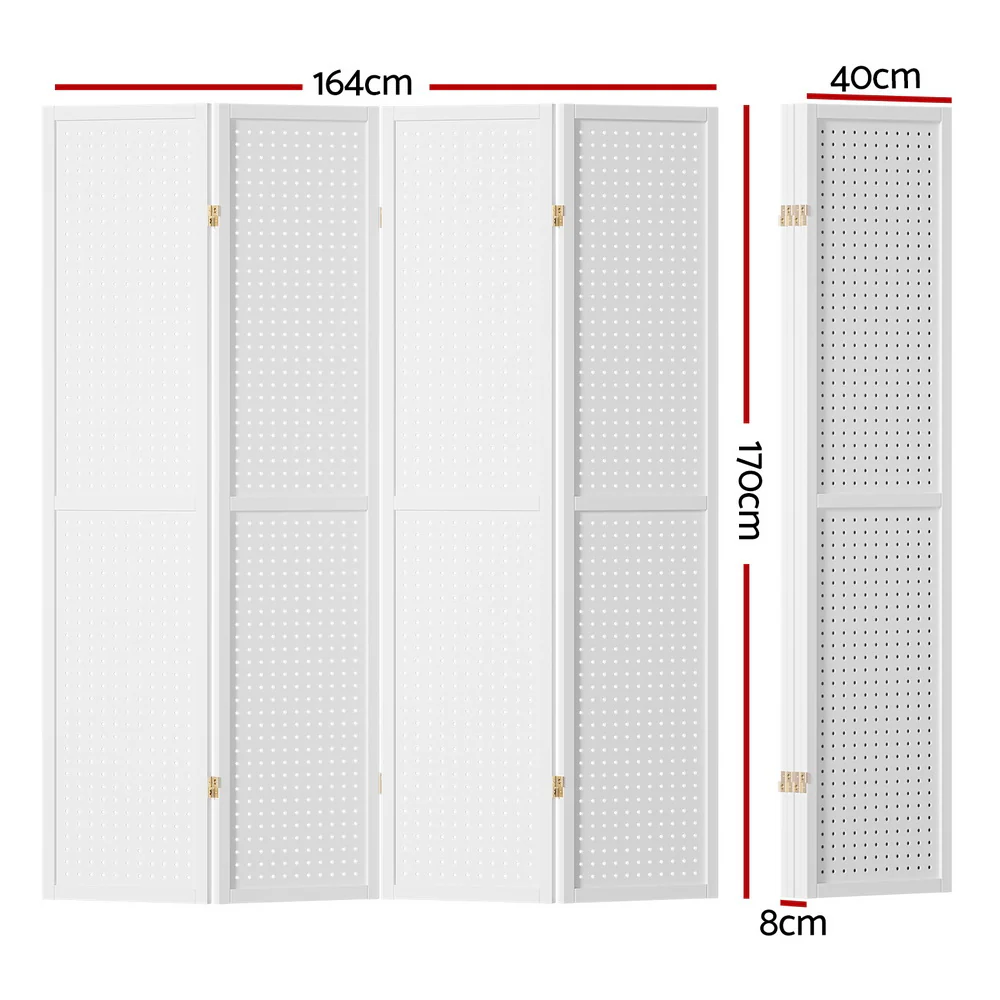 4 Panel Room Divider Screen 164x170cm Pegboard - White - Nurns