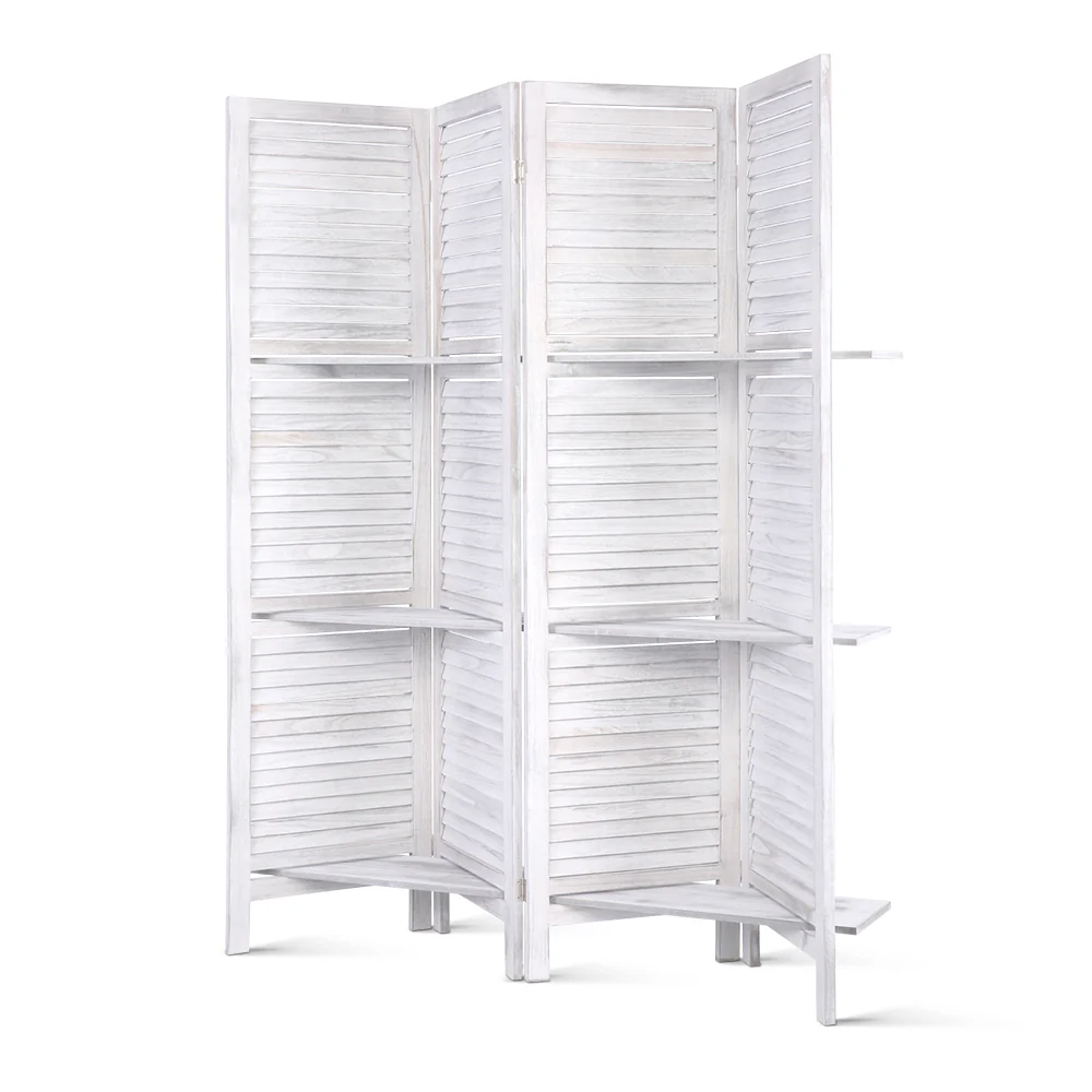 4 Panel Room Divider Screen 163x170cm Shelf - White - Nurns
