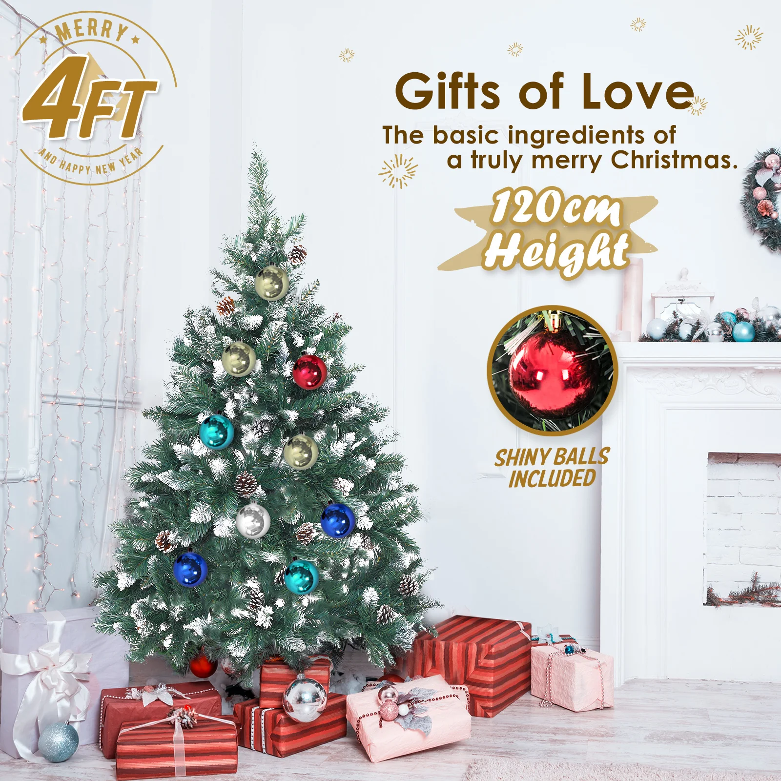 4ft 1.2m 390 Tips Snowy Christmas Tree Xmas Pine Cones + Bauble Balls Green - Nurns