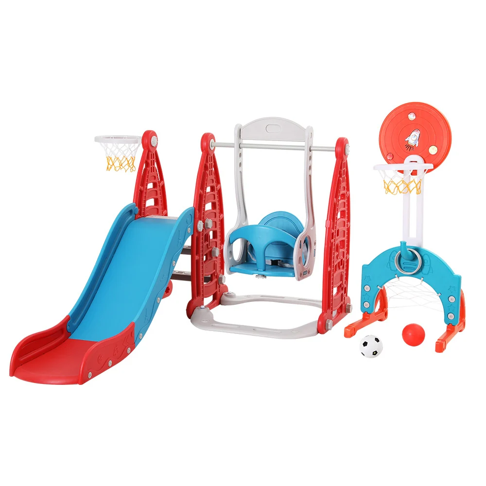 140cm Kids Slide Swing Set Basketball Hoop Rings Football Outdoor Toys - Red - Nurns