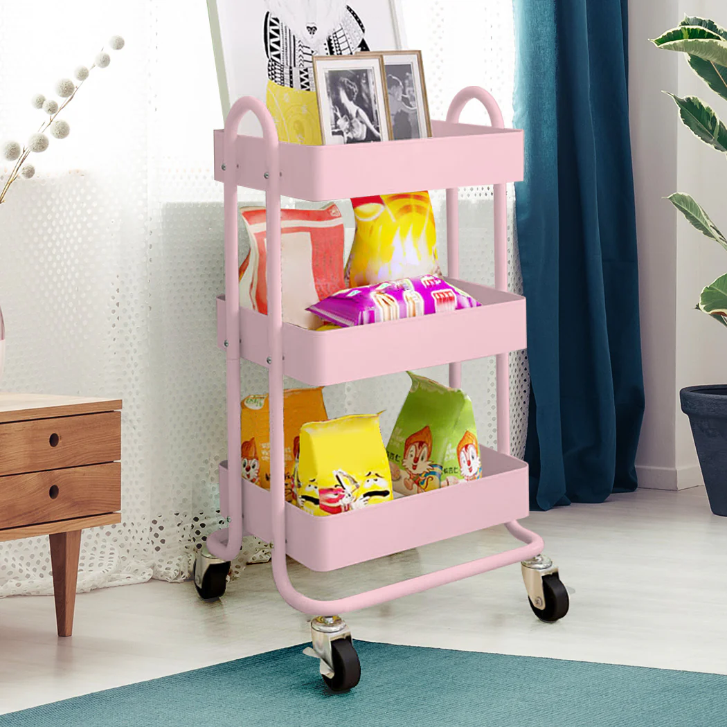 3 Tiers Kitchen Trolley Cart Steel Storage Rack Shelf Organiser Wheels Pink - Nurns