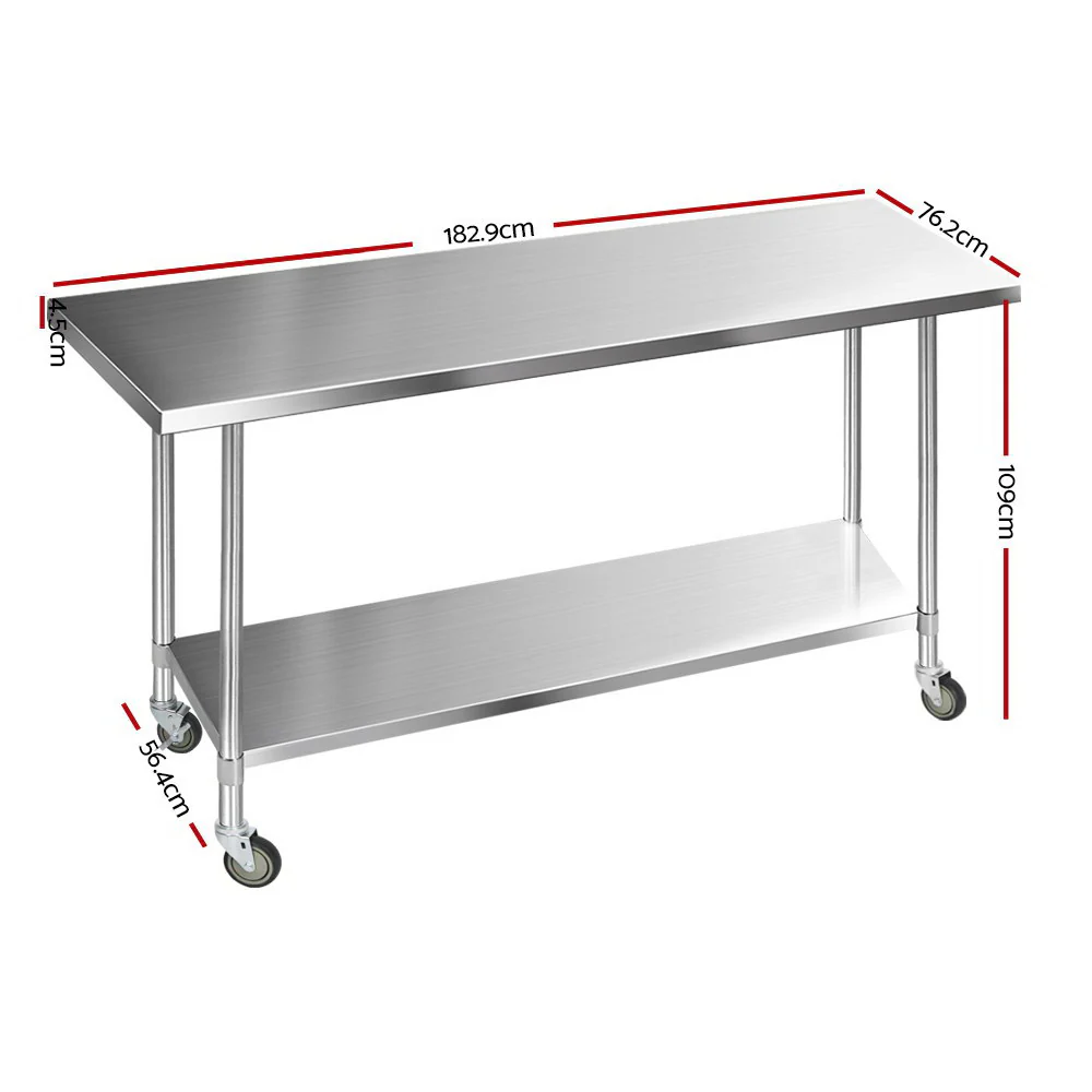 1829x762mm Commercial Stainless Steel Kitchen Bench with 4pcs Castor Wheels - Nurns