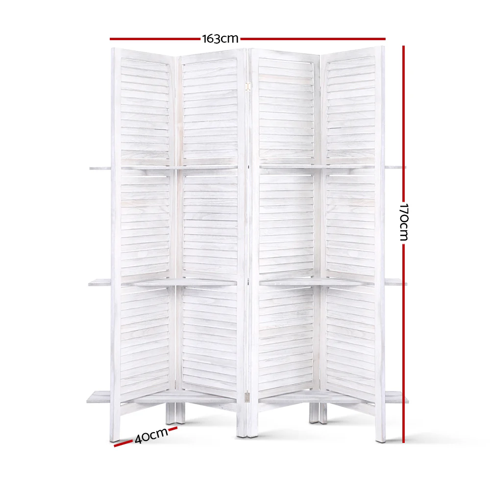 4 Panel Room Divider Screen 163x170cm Shelf - White - Nurns