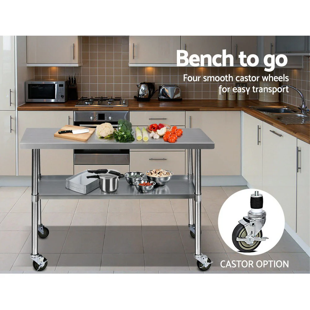 304 Stainless Steel Kitchen Benches Work Bench Food Prep Table with Wheels 1219Mmx610MM - Nurns