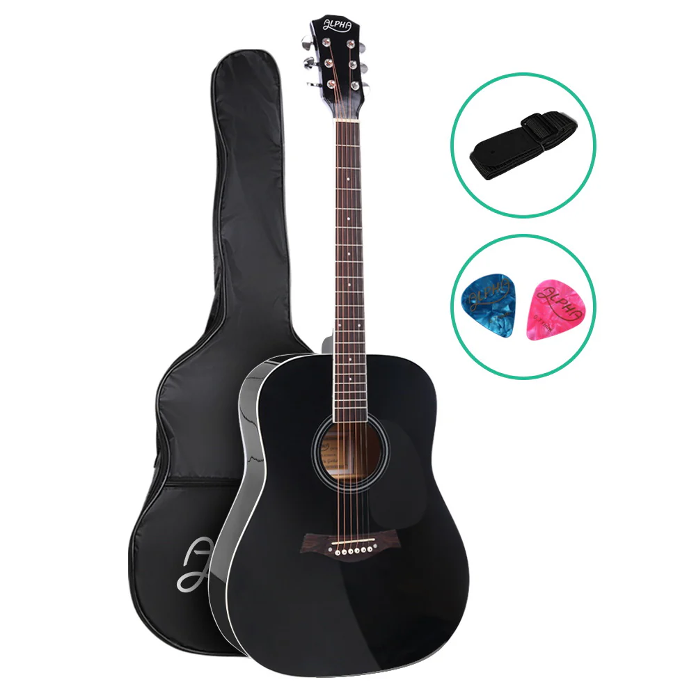 Alpha 41 Inch Acoustic Guitar Wooden Body Steel String Dreadnought Black - Nurns