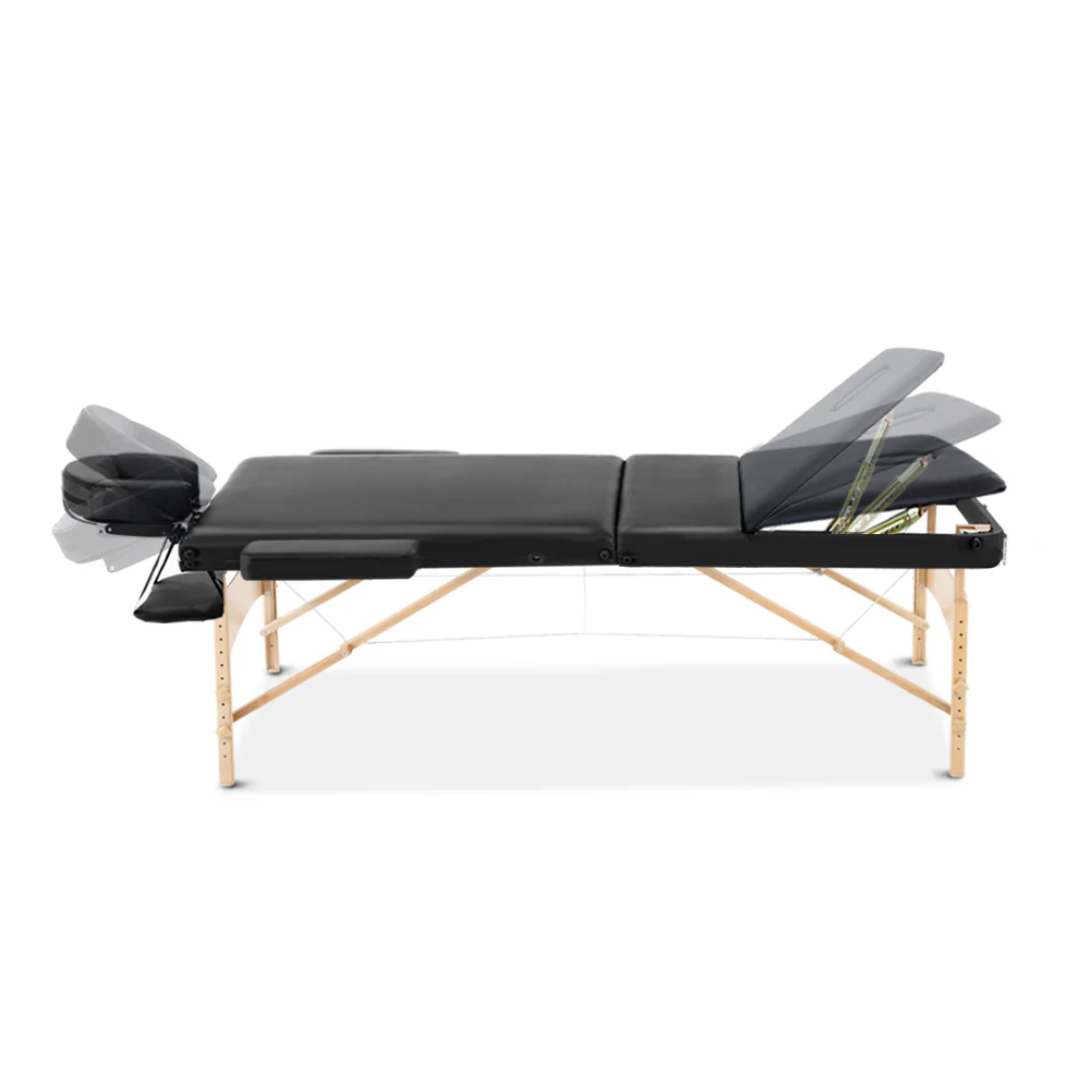 Massage Table 75cm 3 Fold Wooden Portable Beauty Therapy Bed Waxing Black - Nurns