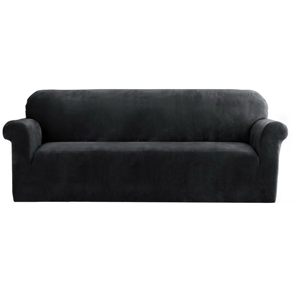 Velvet Sofa Cover Plush Couch Cover Lounge Slipcover 4-Seater Black - Nurns