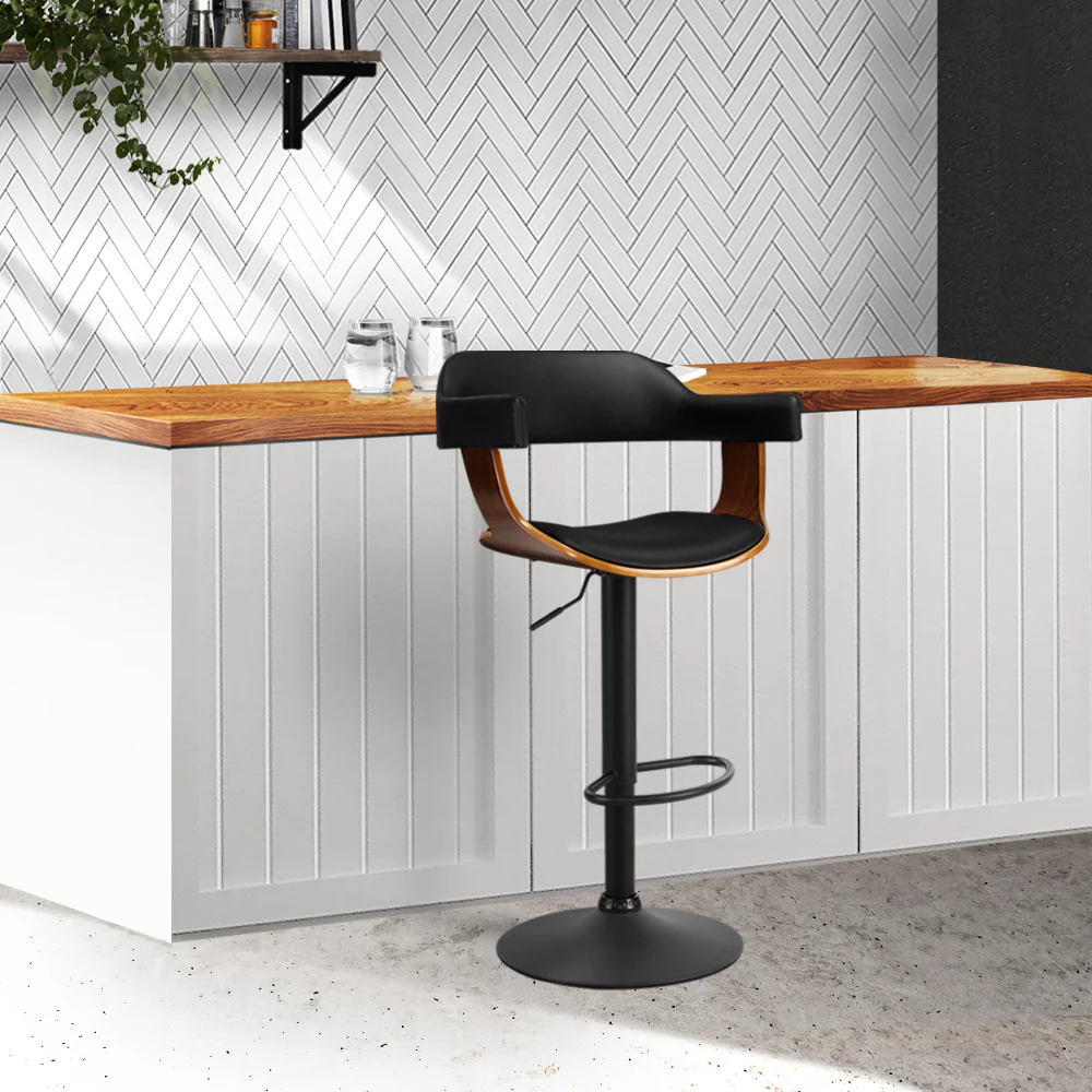 82cm Eindhoven Bar Stool Curved Gas Lift PU Leather - Black & Wood - Nurns