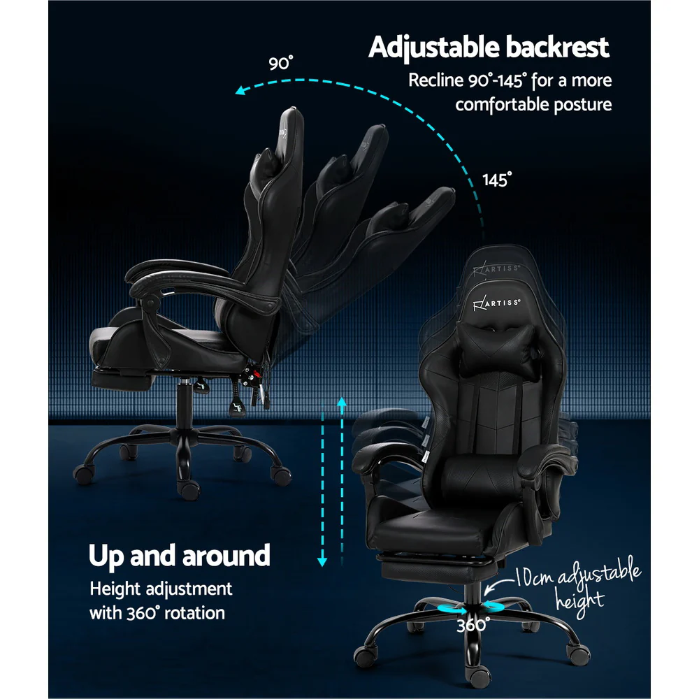 Artiss 6 Point Massage Gaming Office Chair Footrest Black - Nurns
